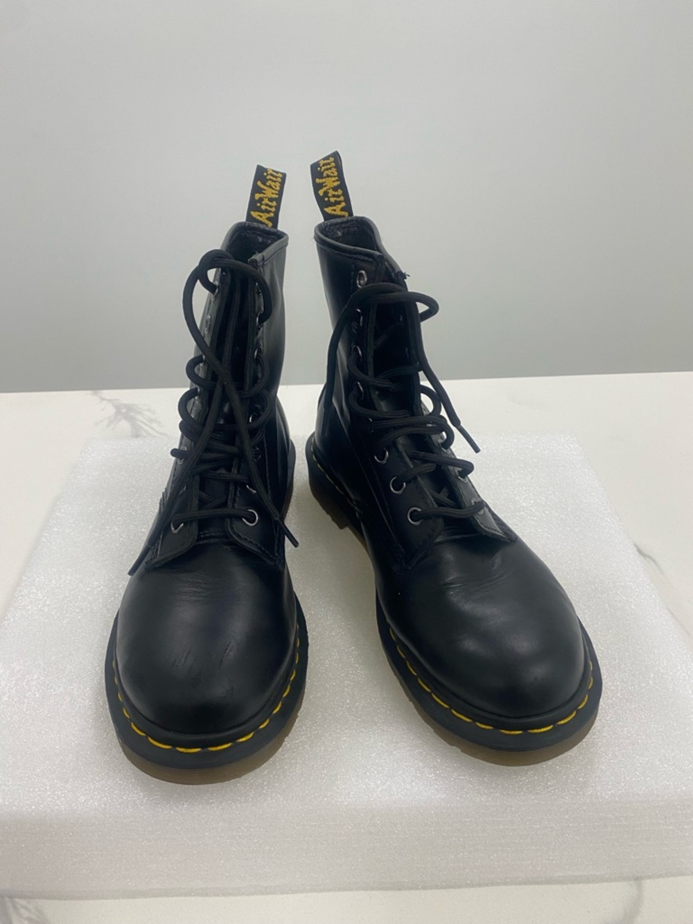 Dr. Martens Black Leather Lace-Up Combat Boots with Yellow Stitching